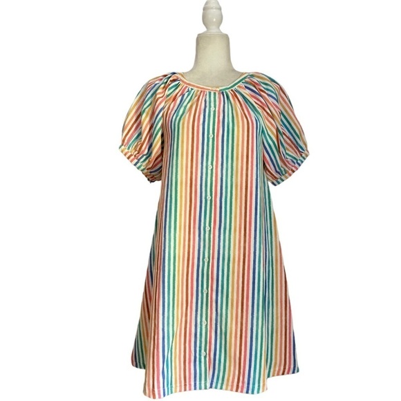 Smith & Quinn NWT Striped Dress Multicolor Stripe Puff Short Sleeve Button Front - Picture 2 of 14